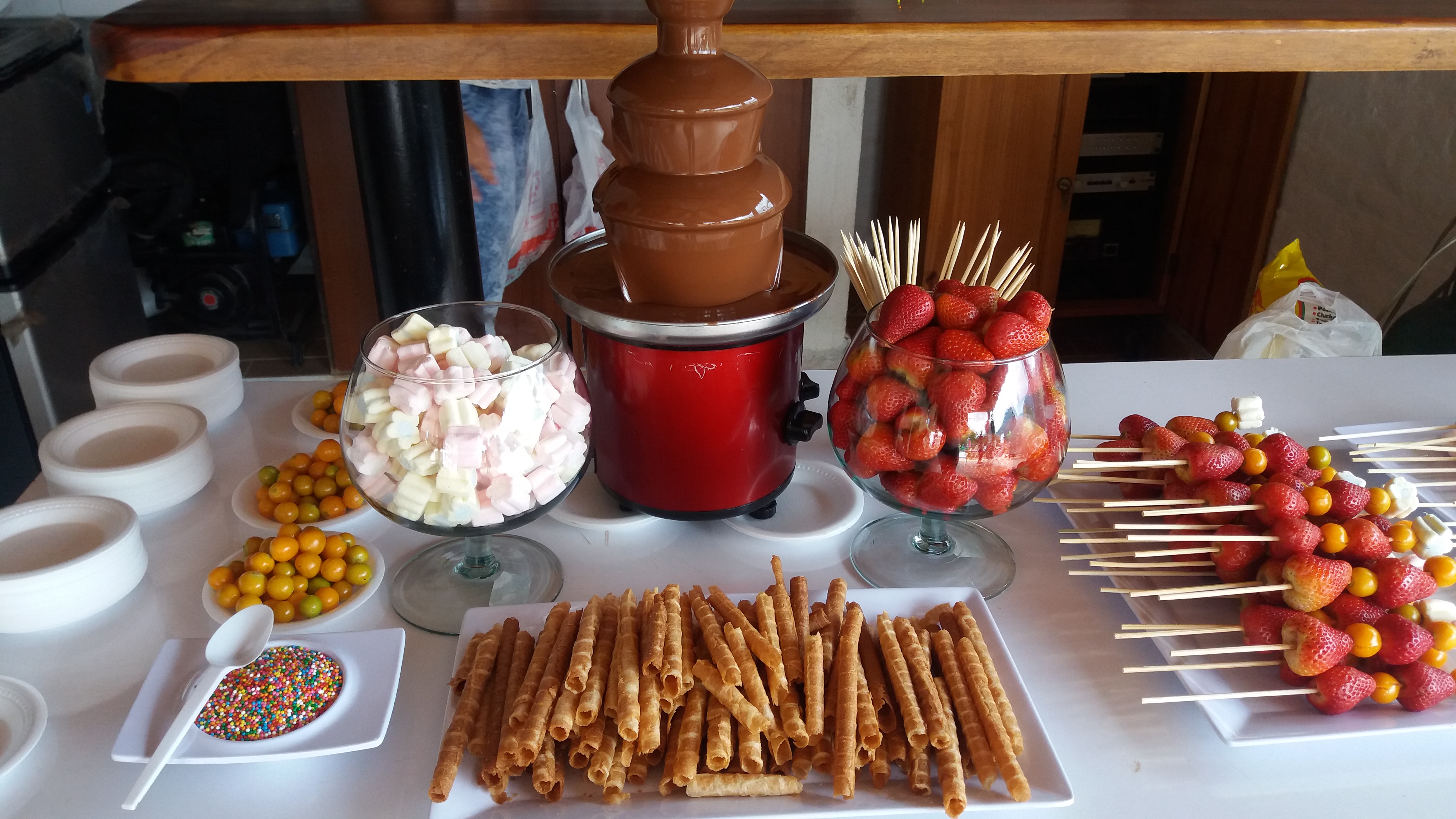 Fuente de Chocolate fluido con brochetas de fruta